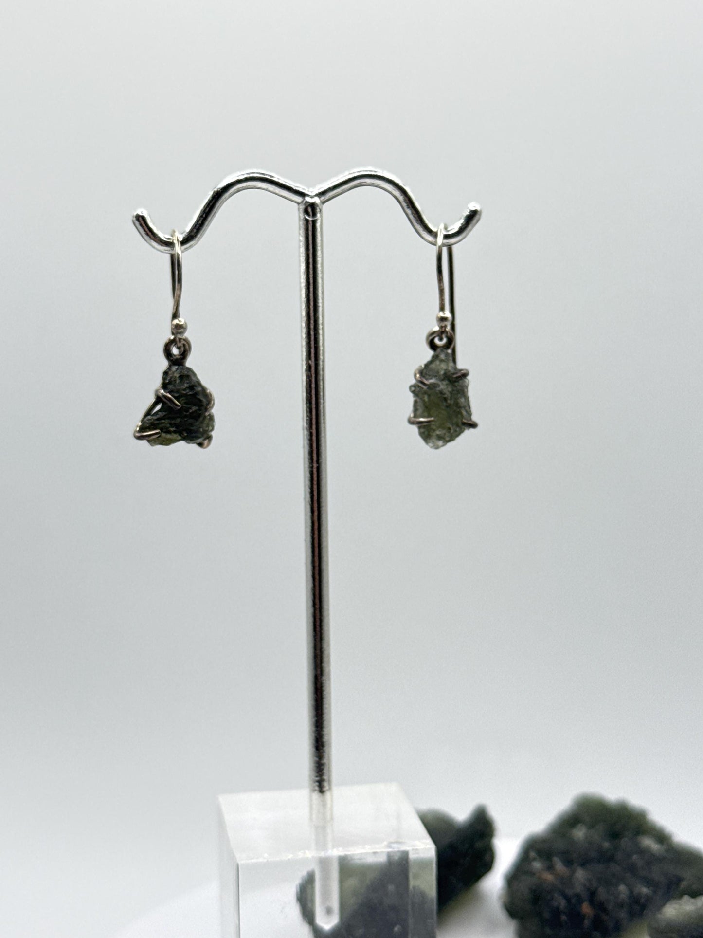 Raw Moldavite Sterling Silver Drop Earrings - Weight 2.37 Grams