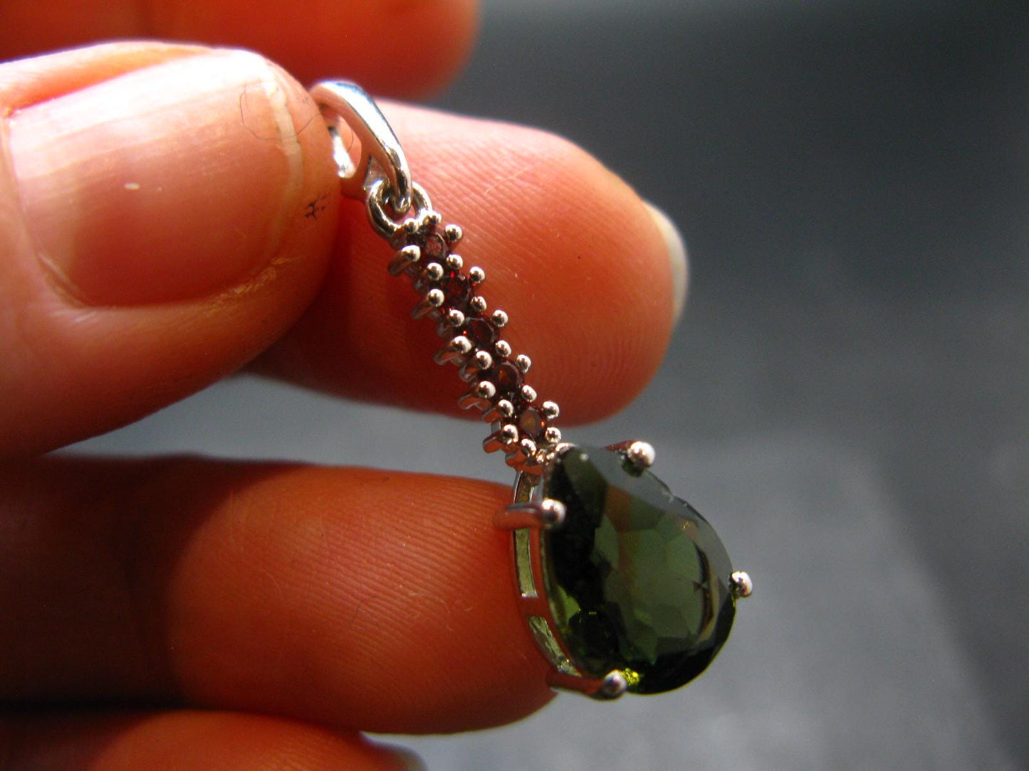 Moldavite Tektite & Red Garnet Silver Pendant from Czech Republic - 1.2"