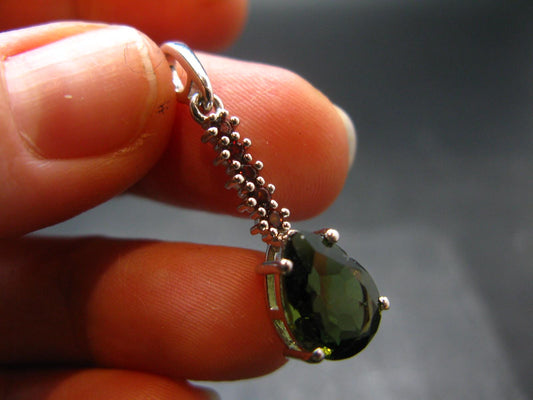 Moldavite Tektite & Red Garnet Silver Pendant from Czech Republic - 1.2"