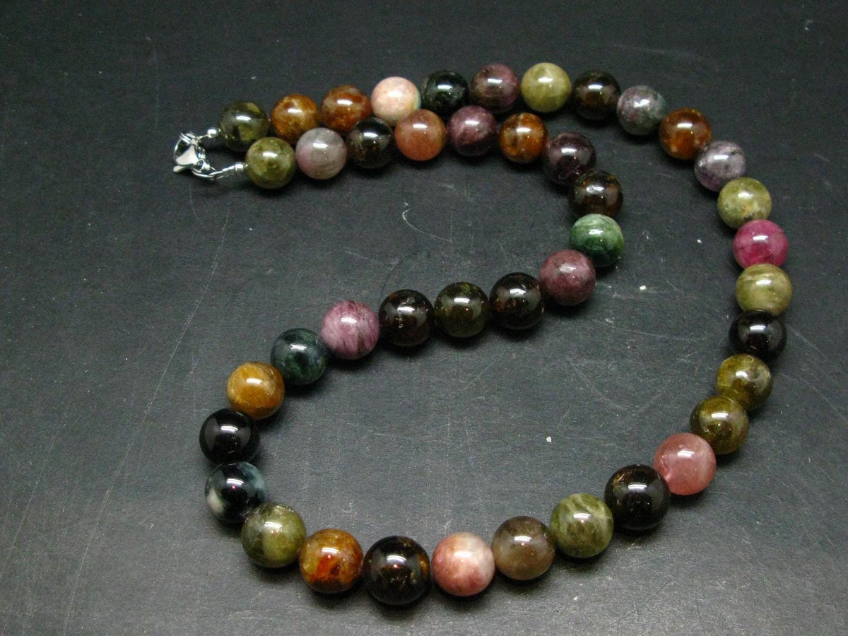Watermelon Tourmaline Crystal Silver Necklace from Brazil - 21" - 114 Grams - 12mm Round Beads