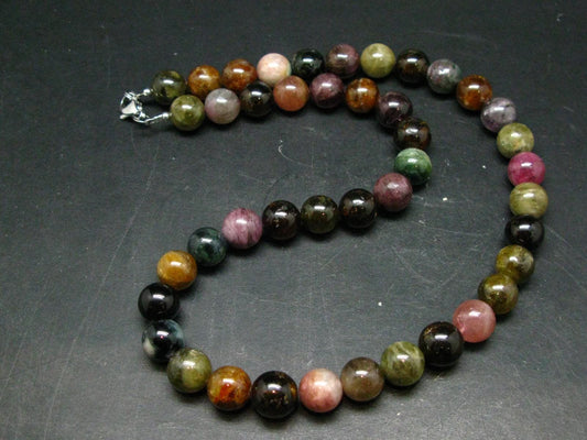 Watermelon Tourmaline Crystal Silver Necklace from Brazil - 21" - 114 Grams - 12mm Round Beads