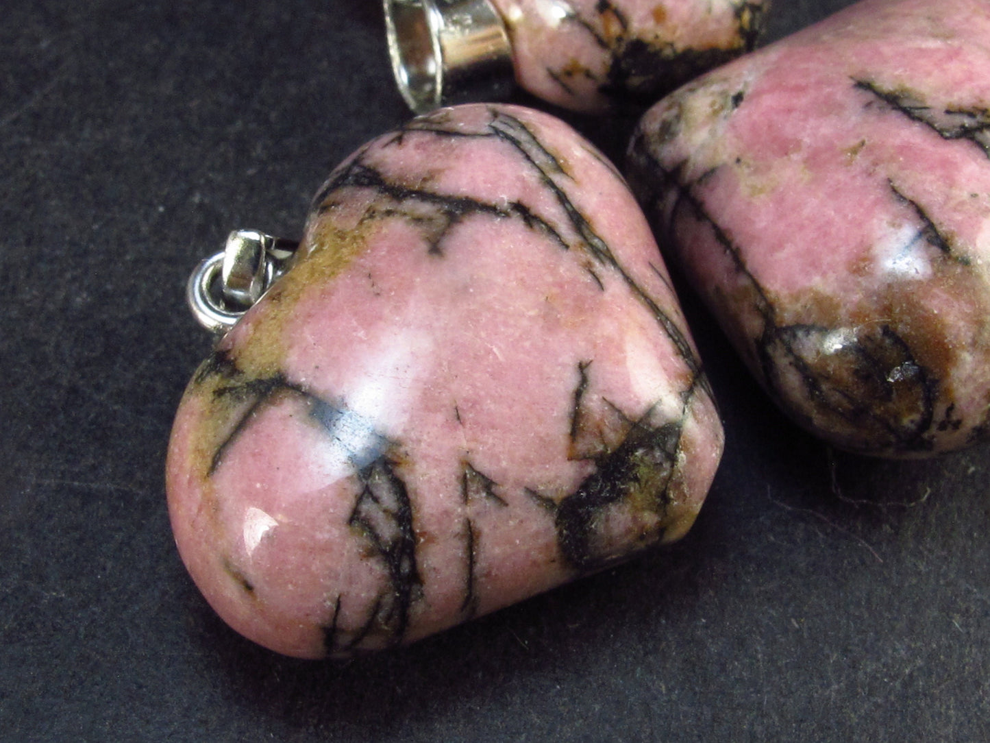 Lot of 3 Natural Rhodonite Puffed Heart Pendants from Canada