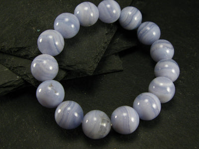 Blue Lace Agate Genuine Bracelet ~ 7.5 Inches ~ 14mm Round Beads