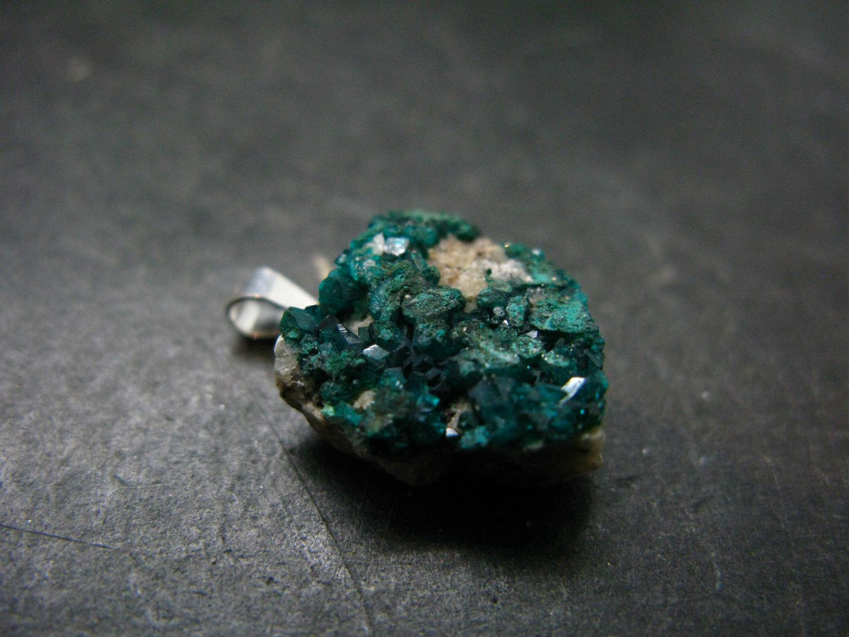 Dark Green Sparkling Gemmy Dioptase Silver Pendant from Kazakhstan - 0.9" - 2.53 Grams