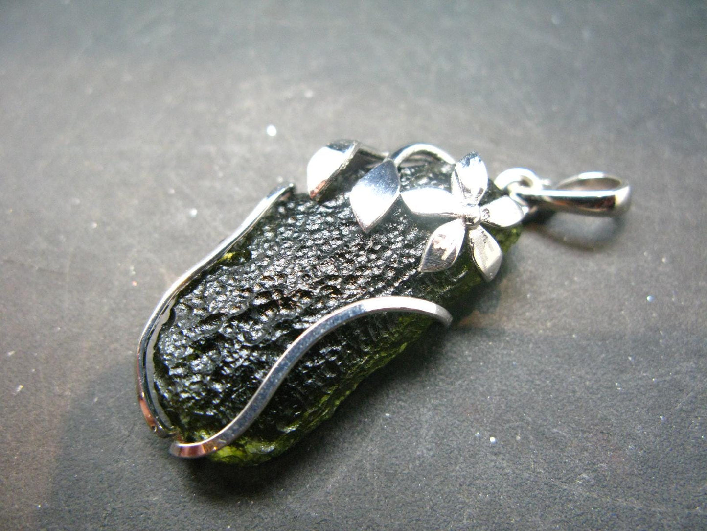 Large Gem Moldavite Tektite SS Pendant From Czech Republic - 8.25 Grams - 1.8"