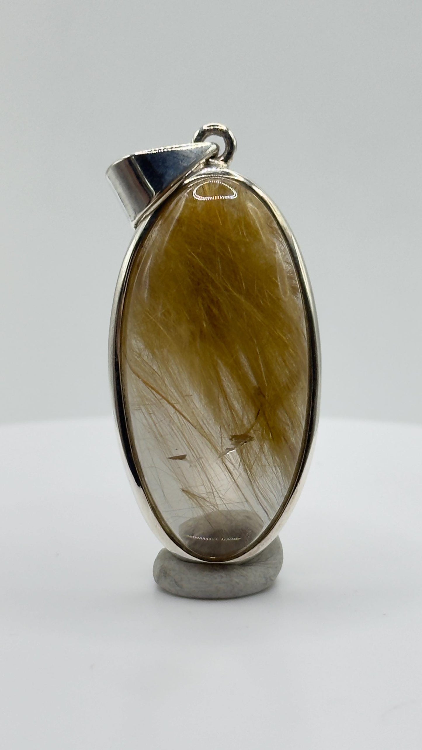 Golden Needle Inclusion Quartz Pendant – Natural Crystal Cabochon in Sterling Silver