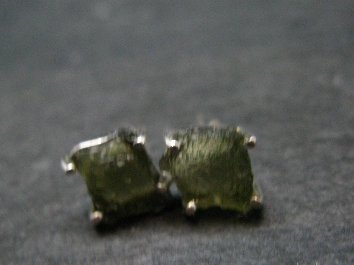 Natural Moldavite Tektite Raw Stud Earrings In Sterling Silver From Czech Republic - 1.56 Grams