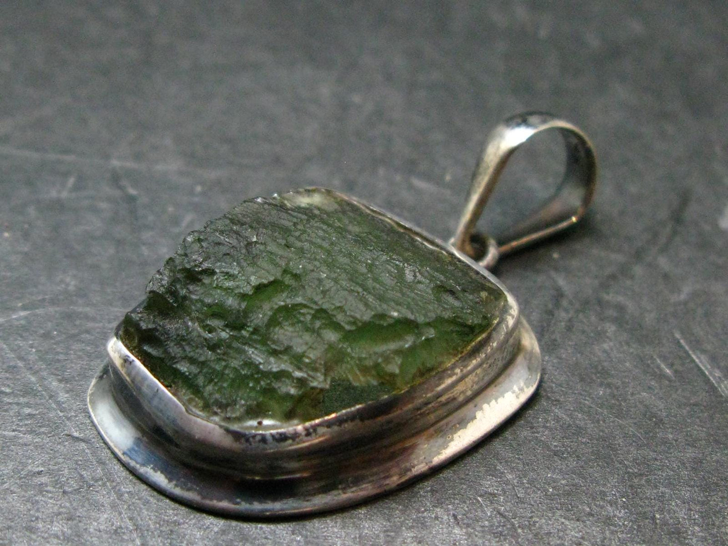Moldavite Tektite Silver Pendant from Czech Republic - 1.5" - 6.88 Grams
