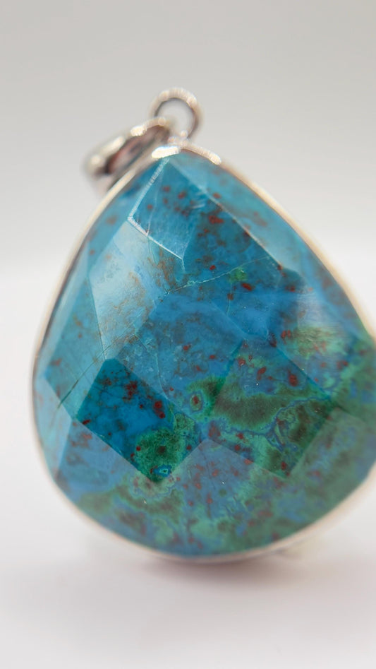 Faceted Chrysocolla Pendant Blue Green Gemstone Silver Necklace Natural Stone Statement Jewelry Gift