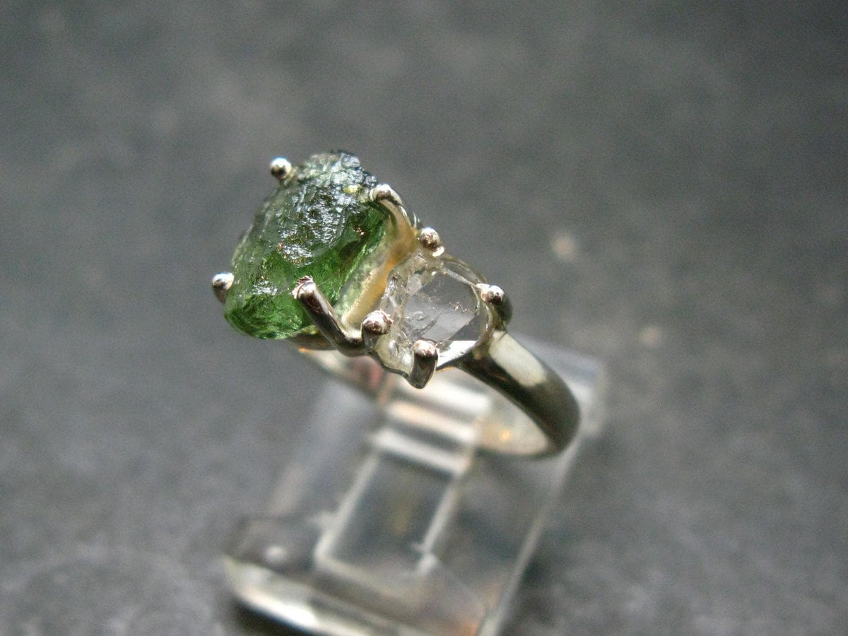 Moldavite Tektite and Herkimer Diamond Silver Ring - Size 7 - 2.69 Grams