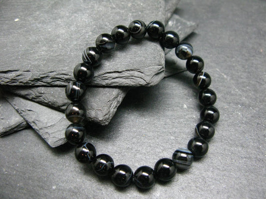 Black Agate Genuine Bracelet ~ 7 Inches ~ 8mm Round Beads