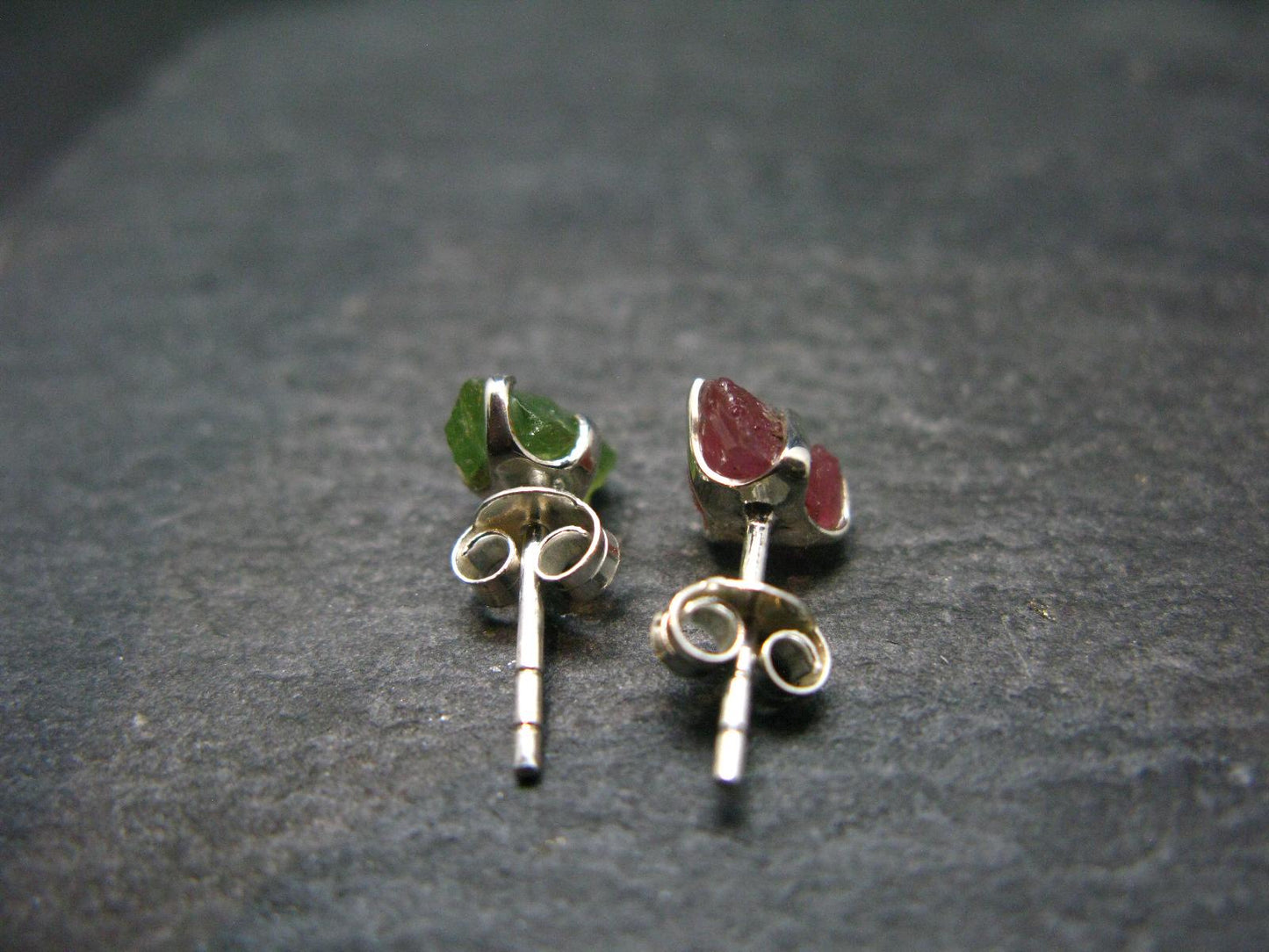 Green & Pink Gem Tourmaline Crystal Silver Studs From Brazil - 0.6"