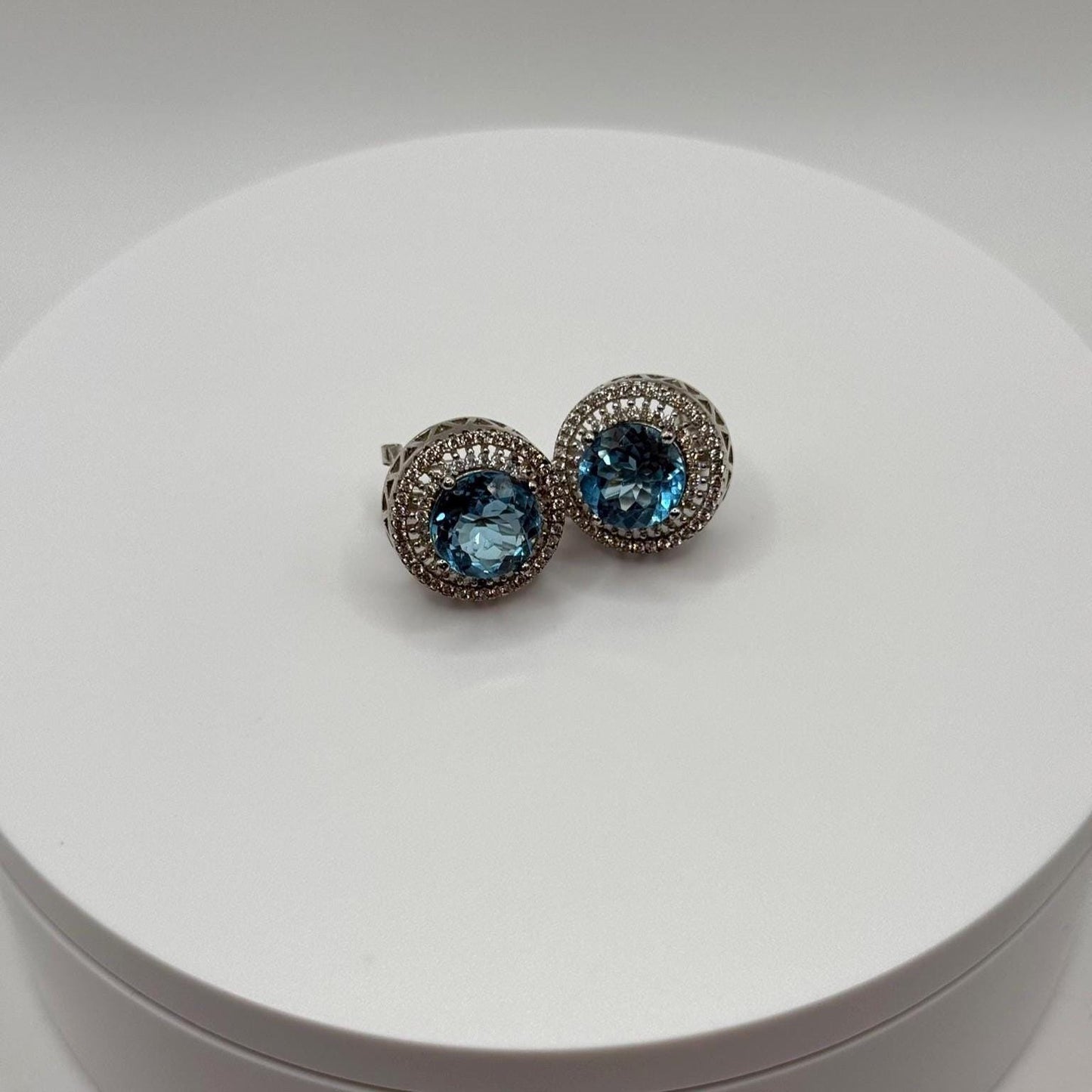 Swiss Blue Topaz Stud Earrings with Double Halo in Sterling Silver - Weight 9.08 Grams