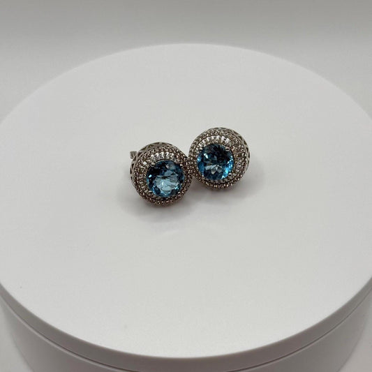 Swiss Blue Topaz Stud Earrings with Double Halo in Sterling Silver - Weight 9.08 Grams