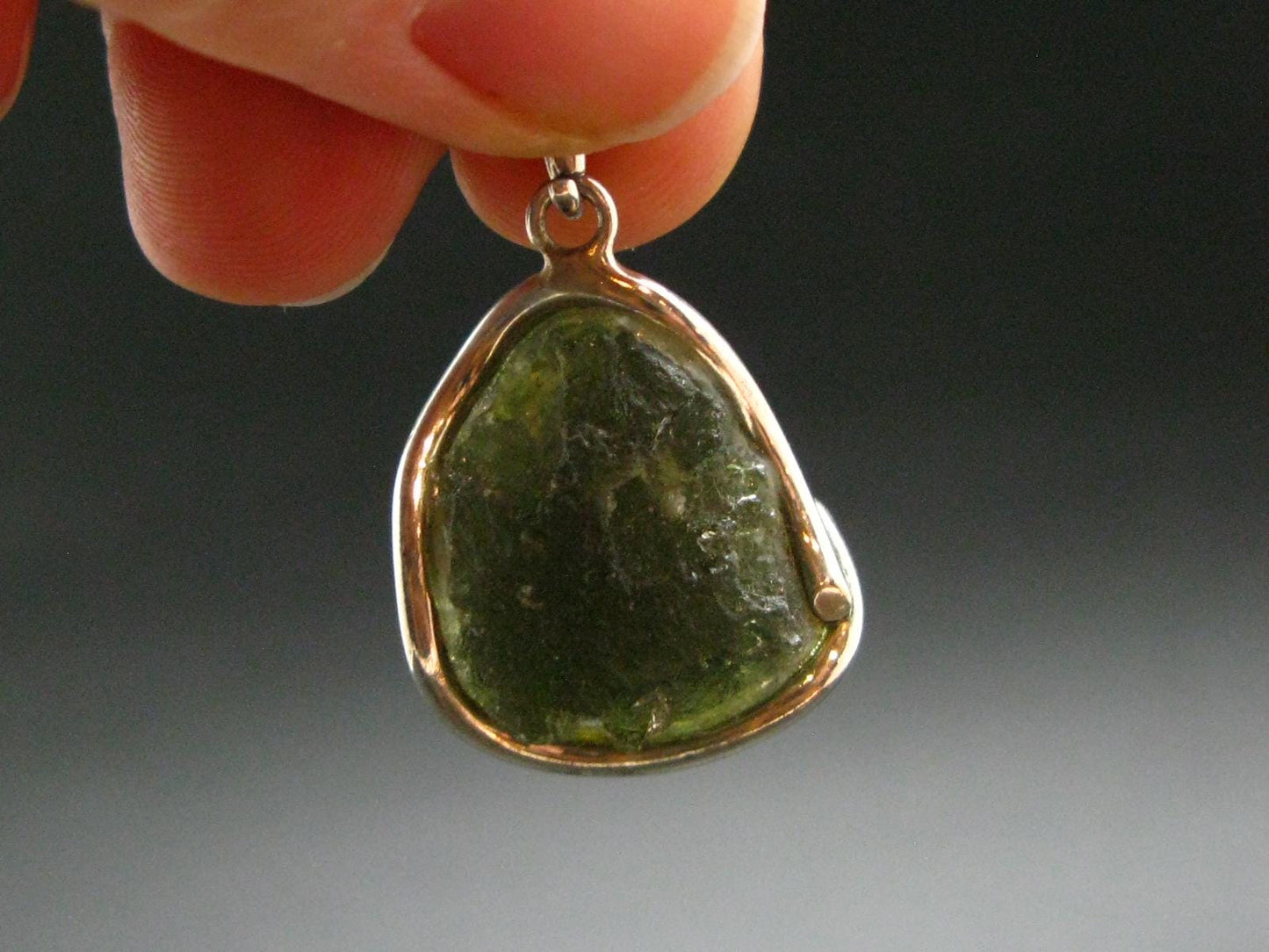 Moldavite Tektite Silver Clover Pendant from Czech Republic - 1.2" - 5.4 Grams