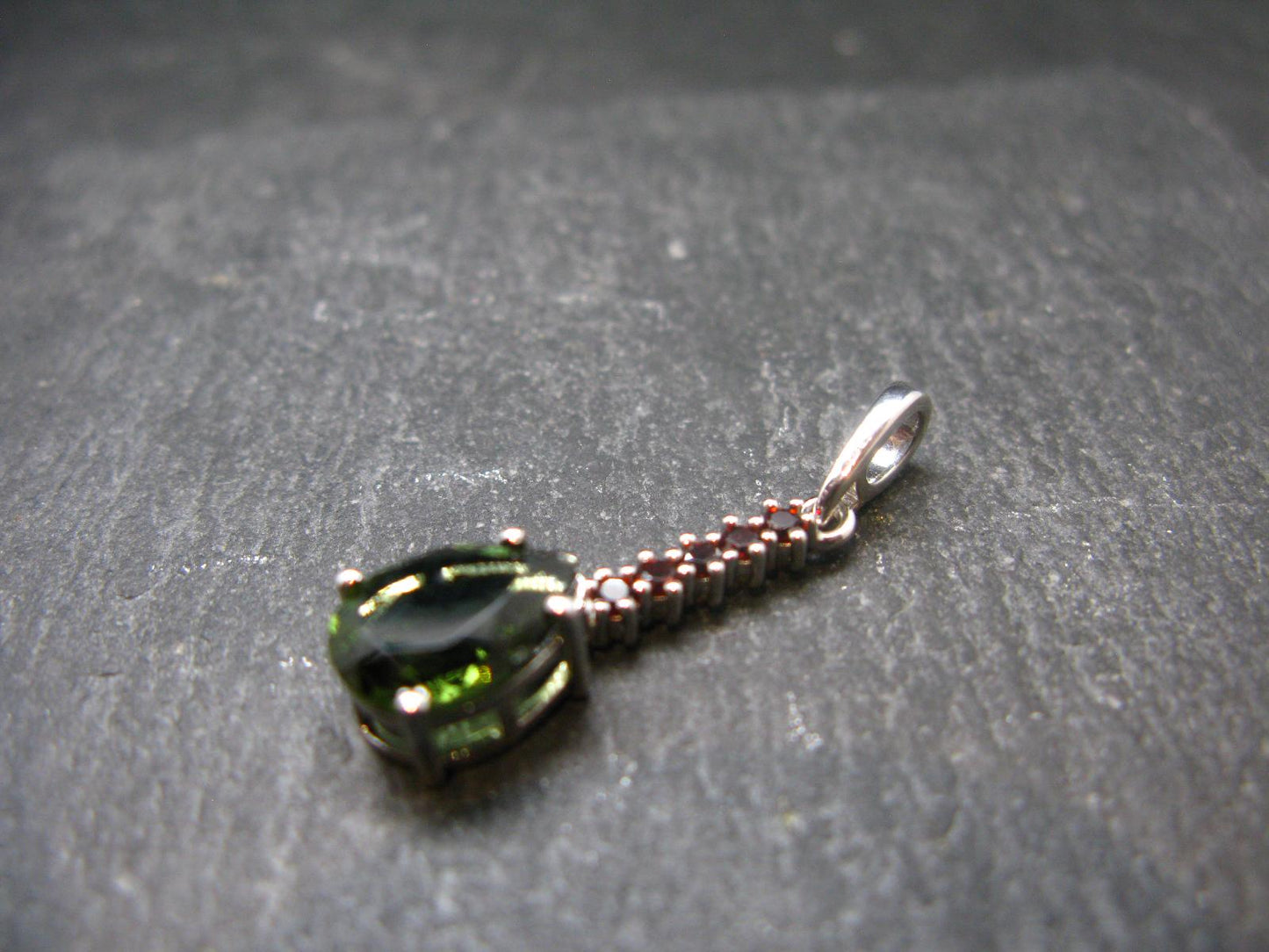 Moldavite Tektite & Red Garnet Silver Pendant from Czech Republic - 1.2"