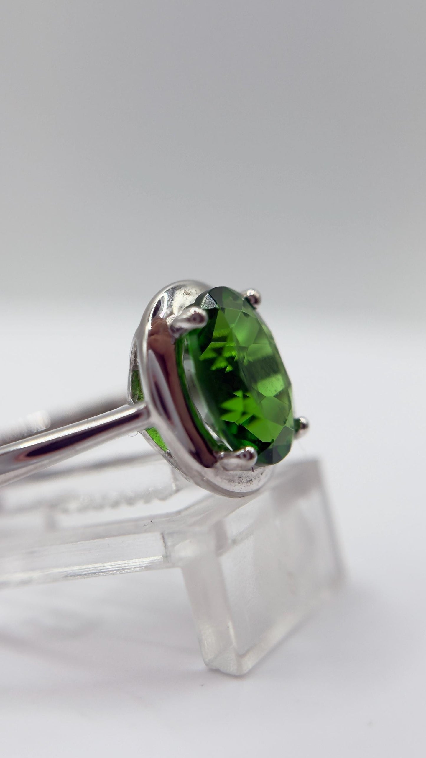Green Helenite Oval Ring – Sterling Silver Faceted Gemstone Statement Ring