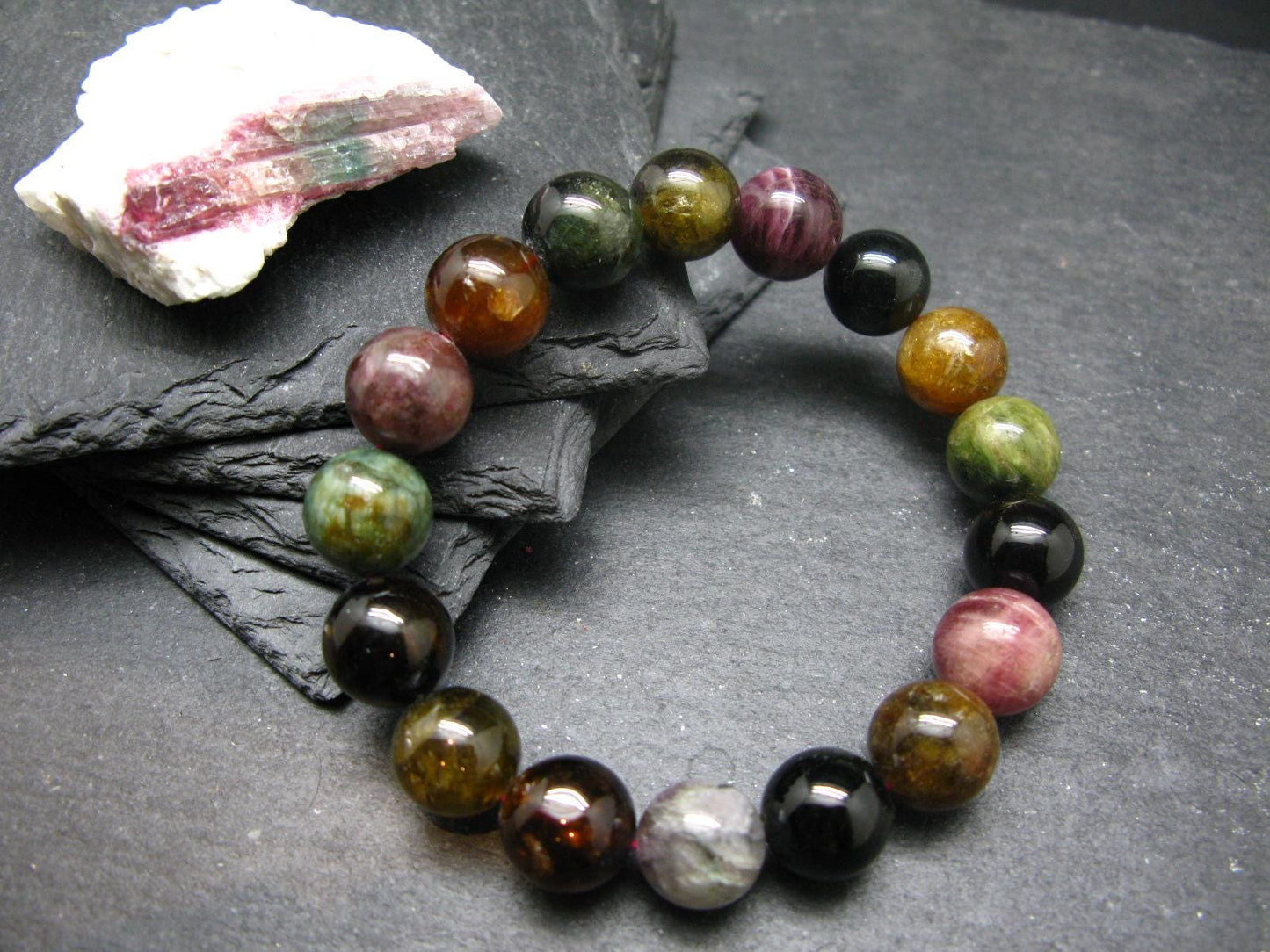 Gem Watermelon Bicolor Tourmaline Genuine Bracelet ~ 7 Inches ~ 12mm Round Beads