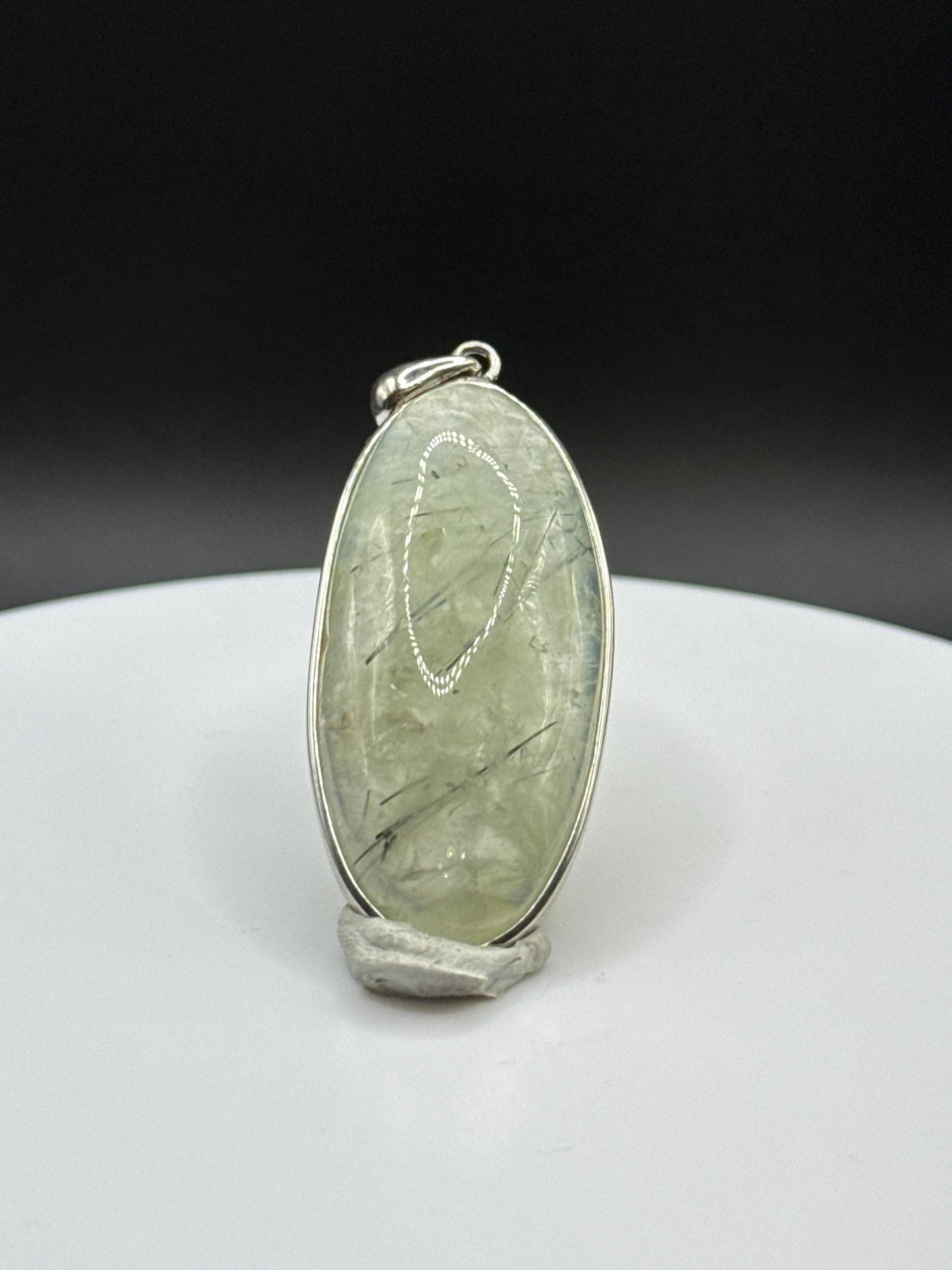 Prehnite Oval Pendant | Tourmaline Inclusions | Sterling Silver Jewelry