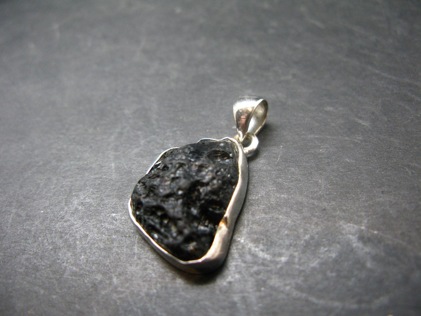 Tibetan Black Tektite Silver Pendant From Tibet - 1.2" - 4.72 Grams