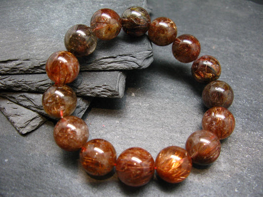 Red Rutilated Quartz Genuine Bracelet ~ 7 Inches ~ 14mm Round Beads