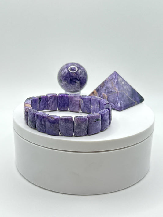 Elegant Charoite Rectangle Bead Stretch Bracelet - 32.73 Grams