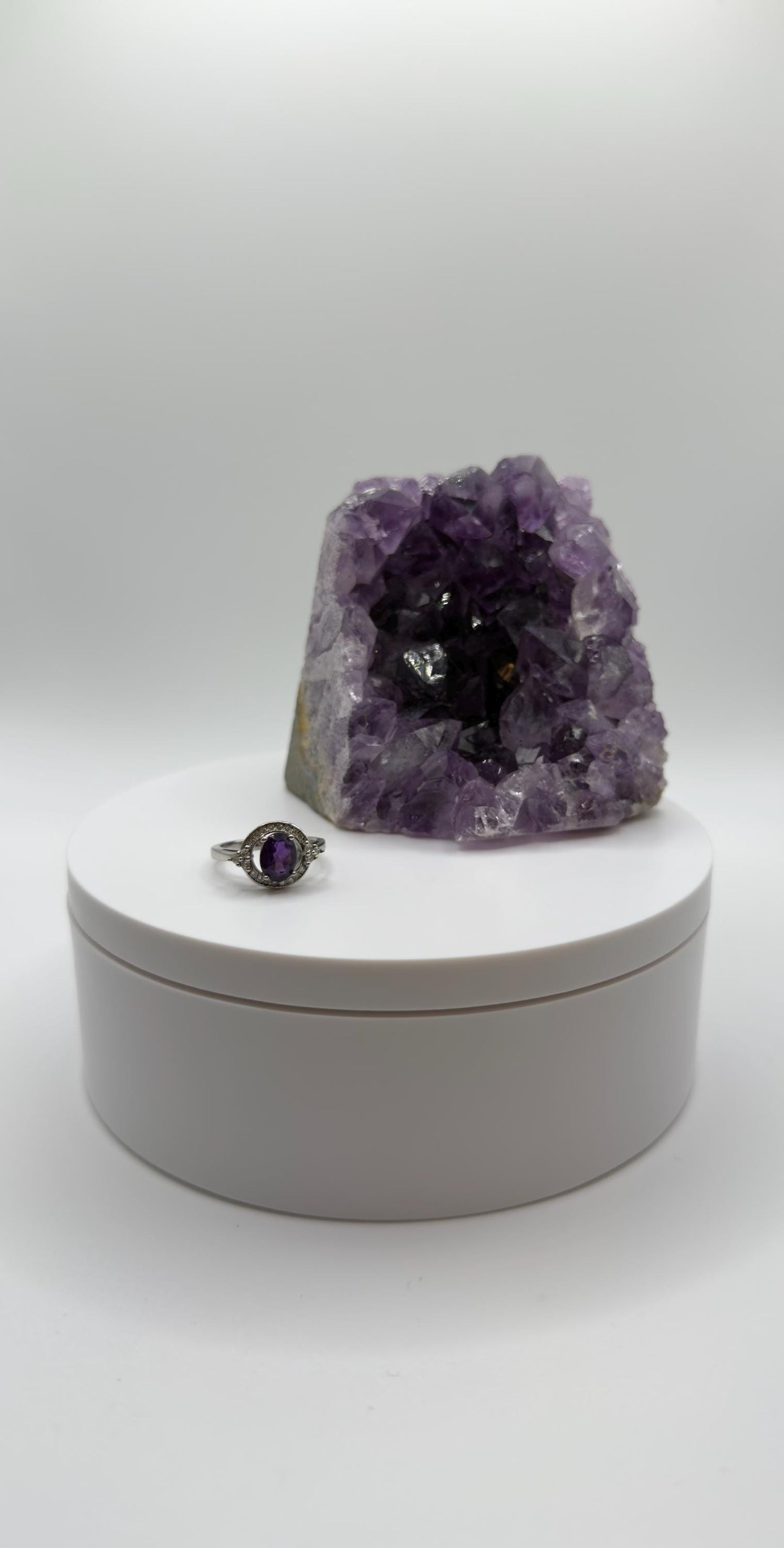 Amethyst Ring – Faceted Oval Cut – Silver Halo Design – Elegant Statement Ring - Size 6