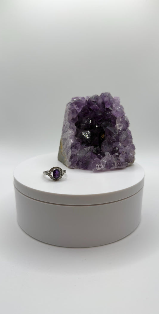 Amethyst Ring – Faceted Oval Cut – Silver Halo Design – Elegant Statement Ring - Size 6