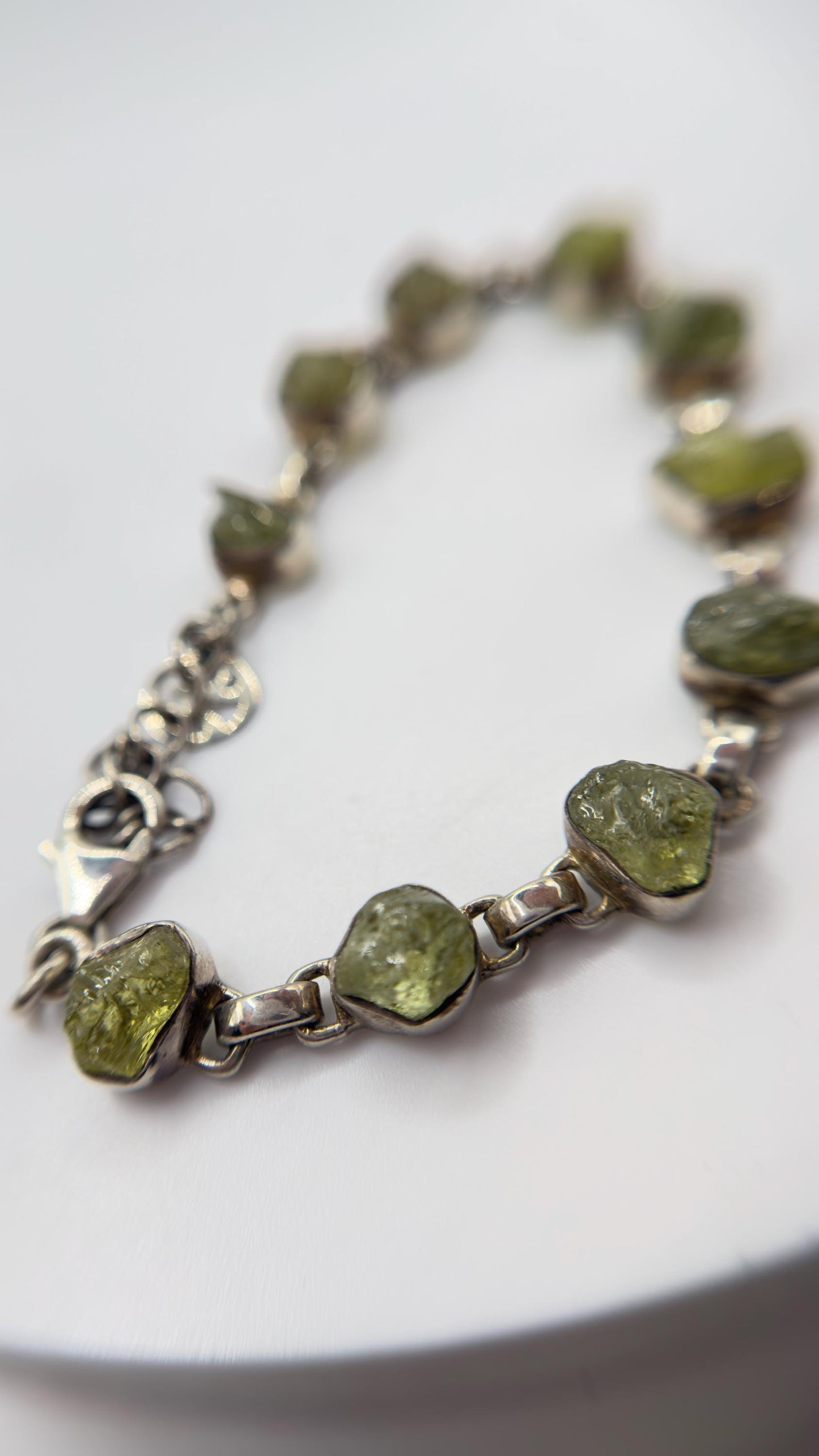 Chrysoberyl Raw Stone Bracelet Green Gemstone Silver Link Bracelet Natural Crystal Jewelry Gift