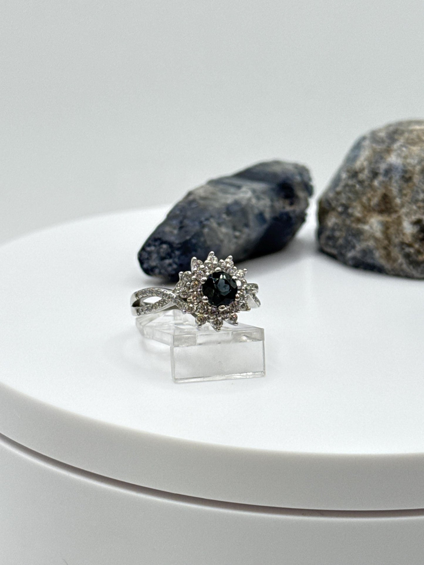 Blue Sapphire Halo Ring: Sterling Silver September Birthstone, Size 6
