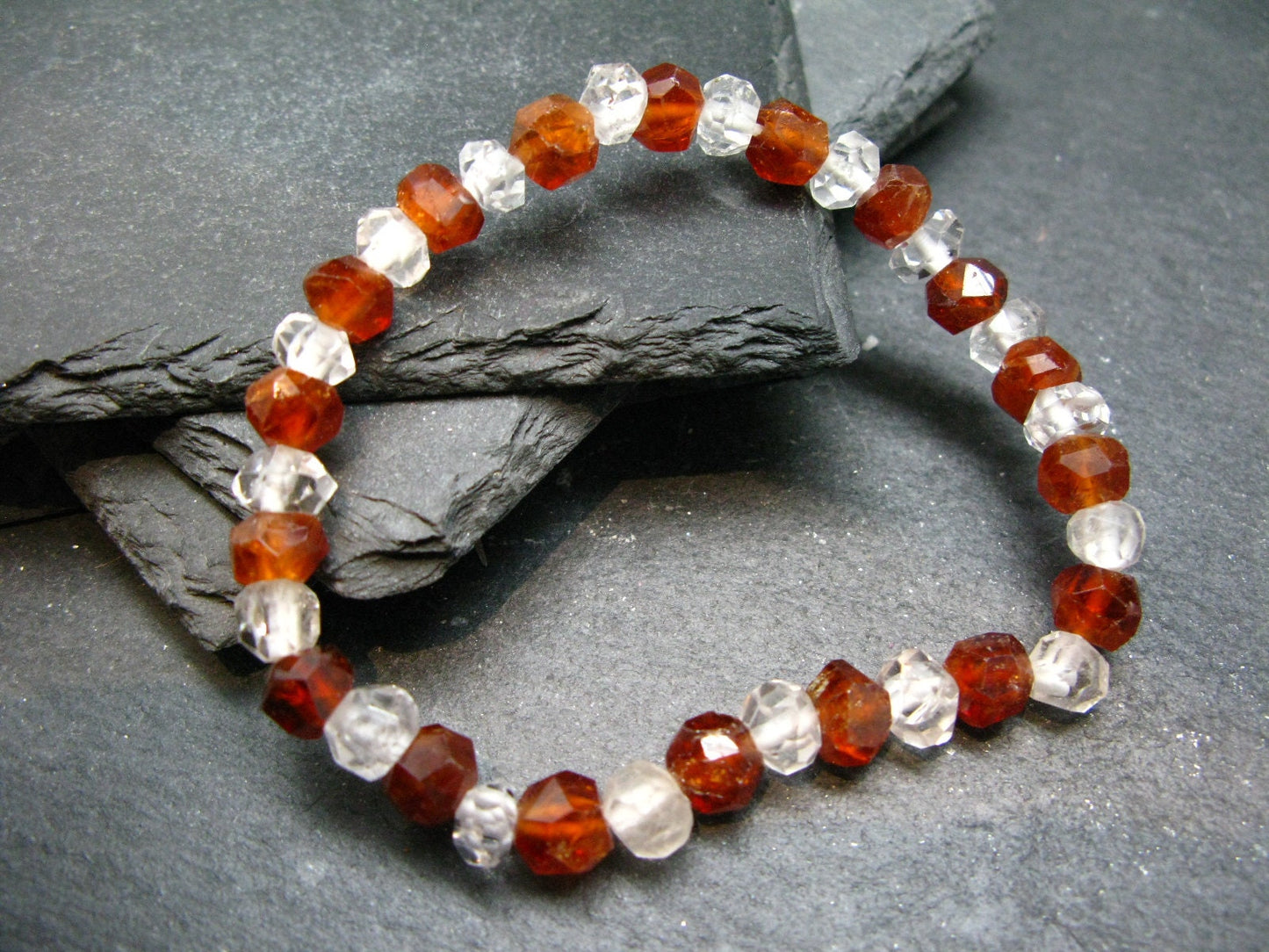 Topaz & Hessonite Garnet Genuine Bracelet ~ 7 Inches ~ Facetted Beads