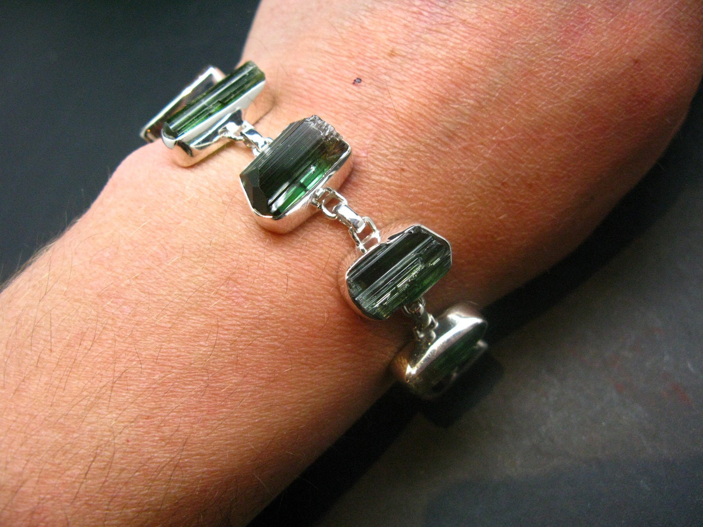 Watermelon Tourmaline Silver Bracelet From Brazil- 7" - 25.4 Grams