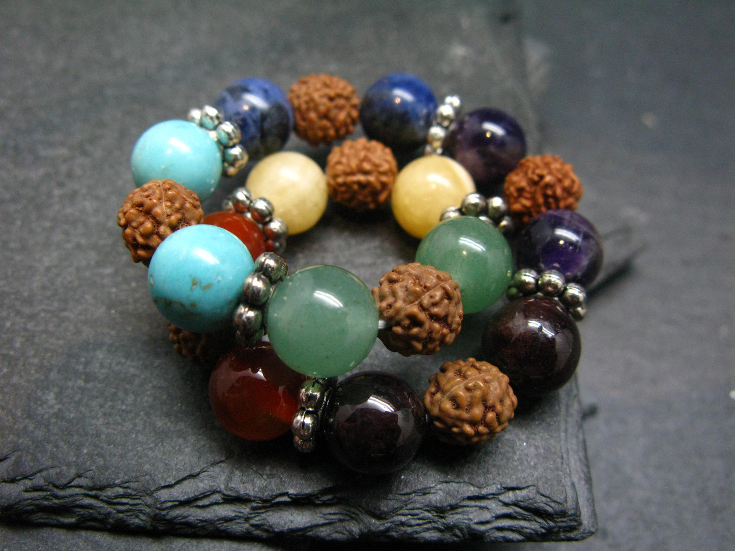 7 Chakra & Rudraksha Genuine Bracelet ~ 7 Inches ~ 8mm Round Beads