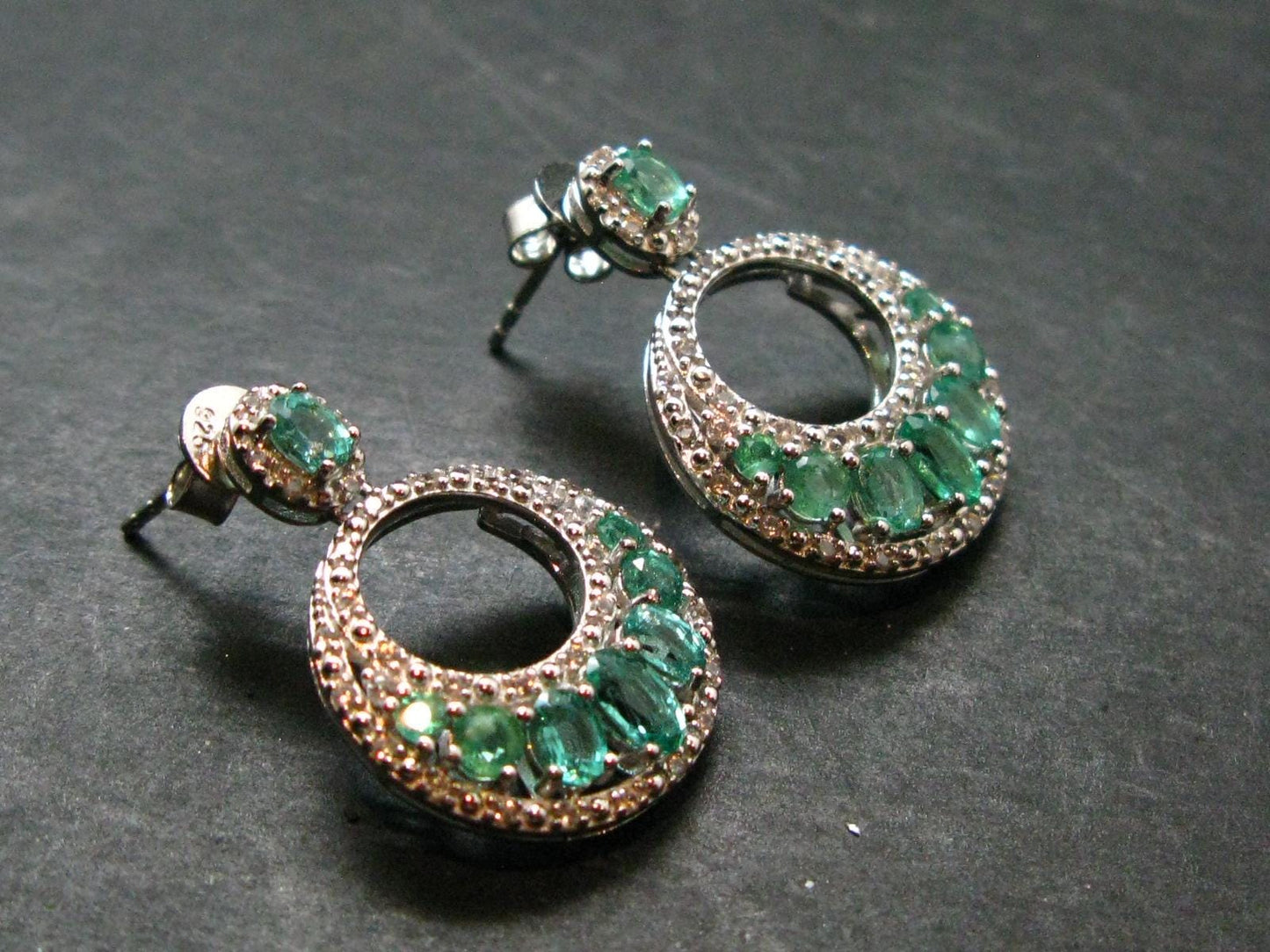 Gem Emerald Faceted Silver Earrings From Colombia - 5.68 Grams Total
