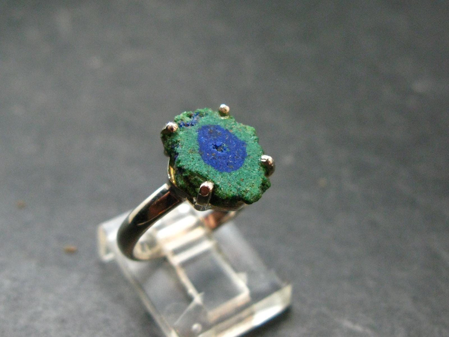 Natural Raw Deep Blue Azurite with Green Malachite Silver Ring From Mexico - Size 7 - 2.72 Grams