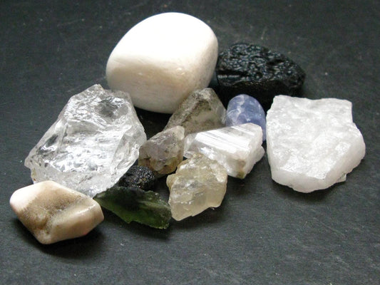 Synergy 12 Set Phenakite Moldavite Natrolite Petalite Danburite Tektite Scolecite Herderite Tanzanite Brookite 91.85 Gr