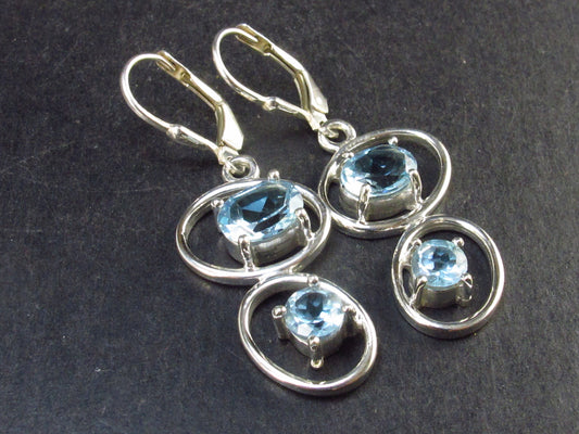 Faceted Natural Sky Blue Topaz Dangle 925 Silver Earrings from Brazil - 1.6" - 6.3 Grams