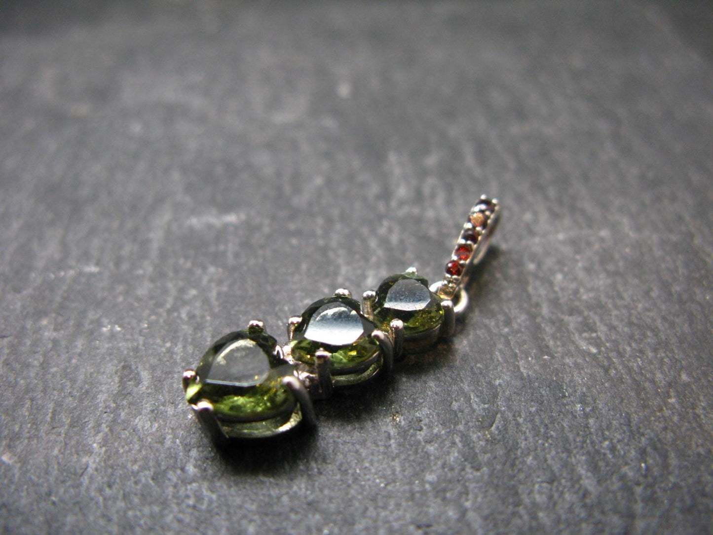 Moldavite Tektite & Red Garnet Silver Pendant from Czech Republic - 1.1"