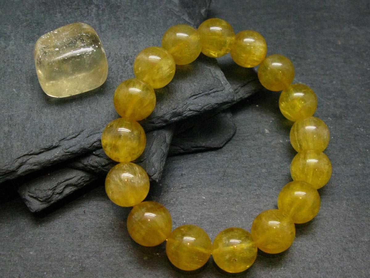 Yellow Fluorite Genuine Bracelet ~ 7.5 Inches ~ 14mm Round Beads
