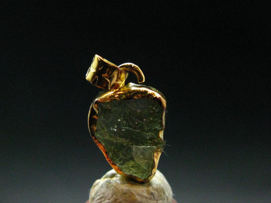 Moldavite Tektite Gold Plated Silver Pendant from Czech Republic - 0.8" - 0.97 Grams