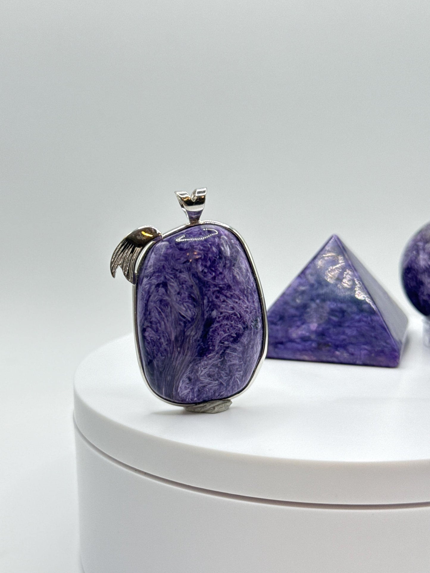 Charoite Sterling Silver Pendant – Angel Wing Accent - 16.47 Grams