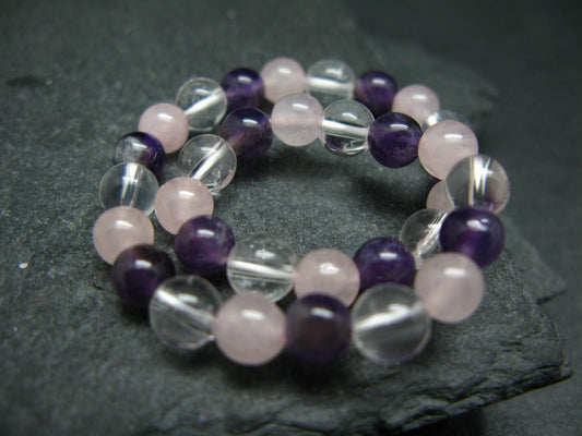Clear Quartz, Rose Quartz & Amethyst Genuine Bracelet ~ 7 Inches ~ 6mm Round Beads