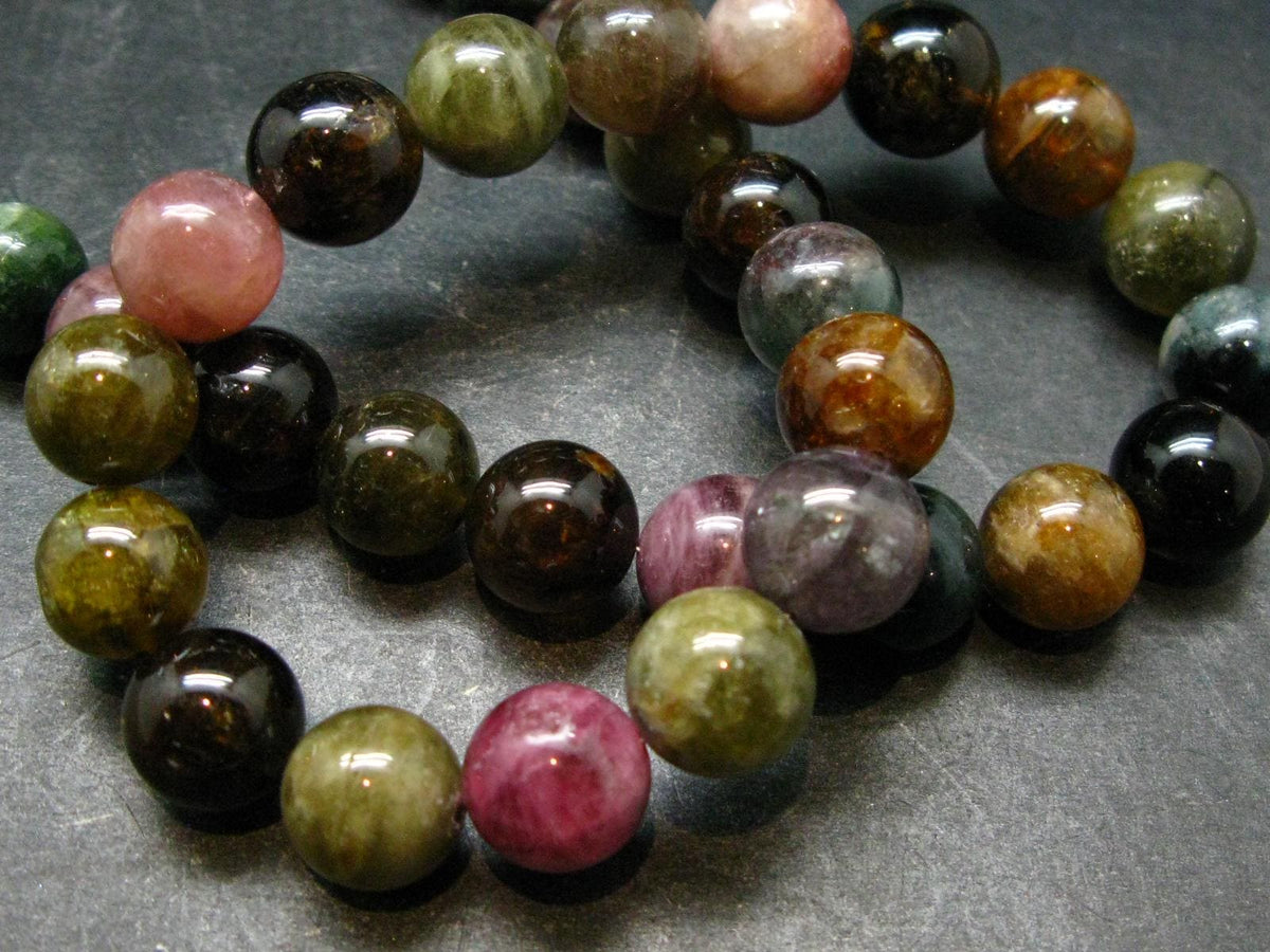 Watermelon Tourmaline Crystal Silver Necklace from Brazil - 21" - 114 Grams - 12mm Round Beads