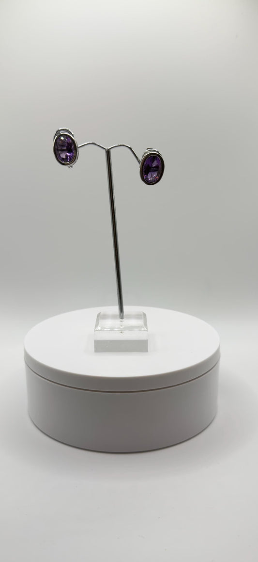 Classic Amethyst Stud Earrings – Sterling Silver – Oval Cut Gemstones - Weight 7.13