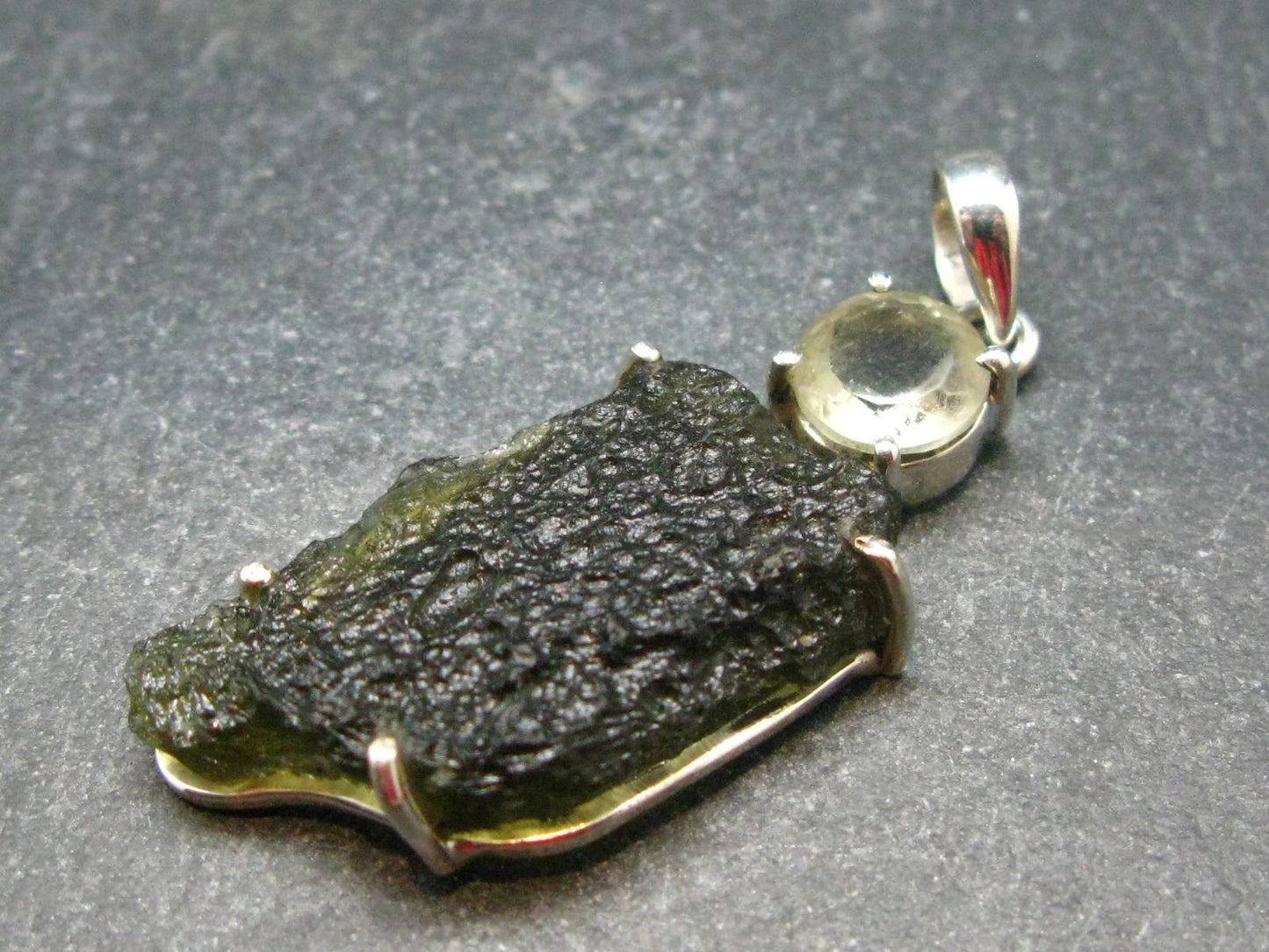Raw Moldavite Tektite And Polished Libyan Tektite Silver Pendant - 2.0" - 8.01 Grams