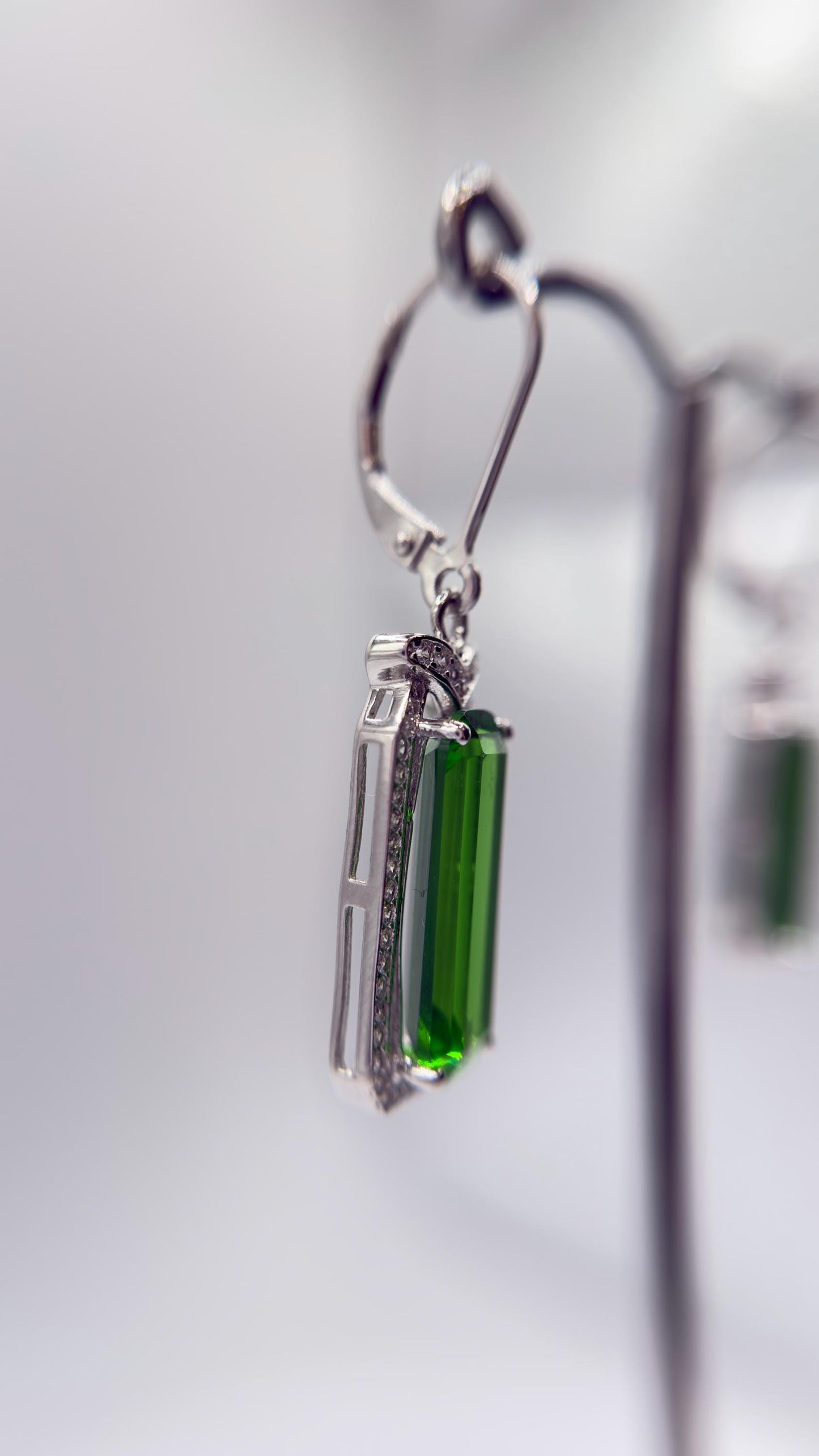 Green Helenite Emerald Cut Earrings – Halo Sterling Silver Dangle Earrings