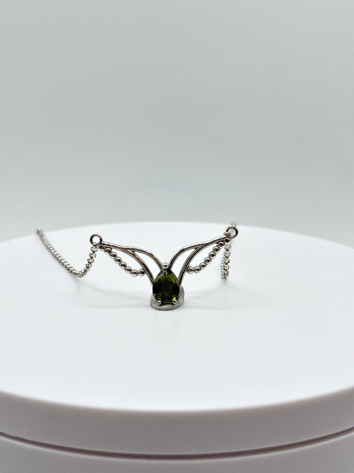 Sterling Silver Moldavite Necklace – Pear-Cut Gemstone with Wing Accents and Beaded Chain - 3.55 Grams