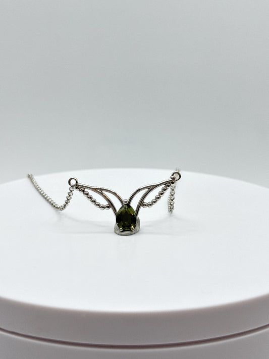 Sterling Silver Moldavite Necklace – Pear-Cut Gemstone with Wing Accents and Beaded Chain - 3.55 Grams
