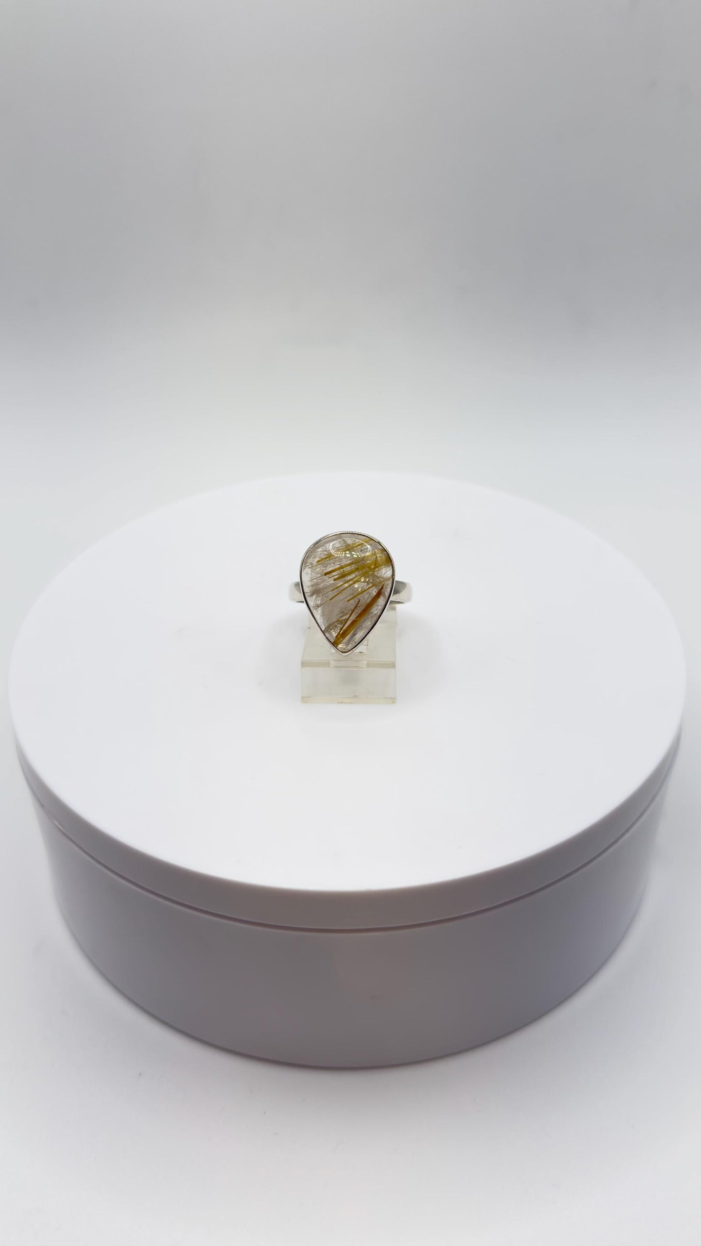 Golden Rutilated Quartz Ring – Pear Shape Rutile Crystal Statement Ring - Size 9