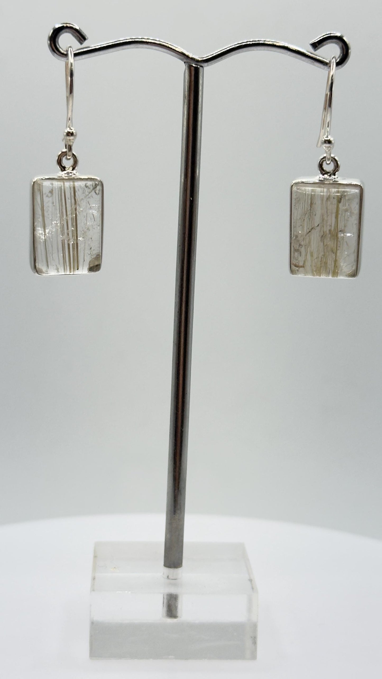 Rutilated Quartz Rectangle Drop Earrings – Natural Crystal Sterling Silver Dangle Jewelry